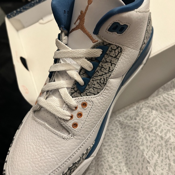 Jordan White and Blue Sneakers with Orange Accents